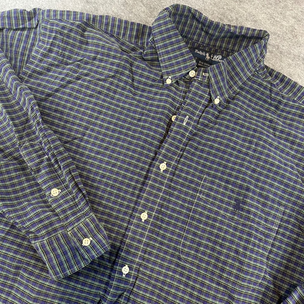Ralph Lauren Mens Big Shirt‎ Blue Green Plaid Preppy Button Down XL Long Sleeve